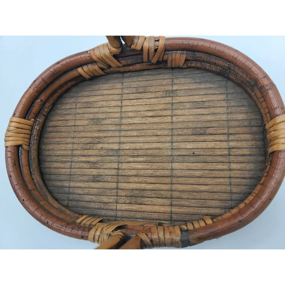 Vintage Rattan & Split Reed Oval Shape Handled Basket 9 T x 11.5 L x 8 W